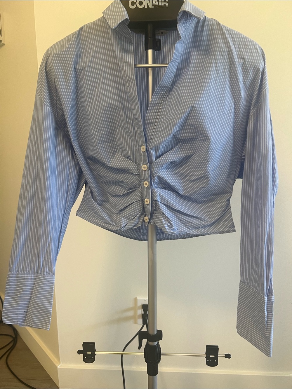 Zara Blue & White Pinstripe Cropped Button-Down Shirt